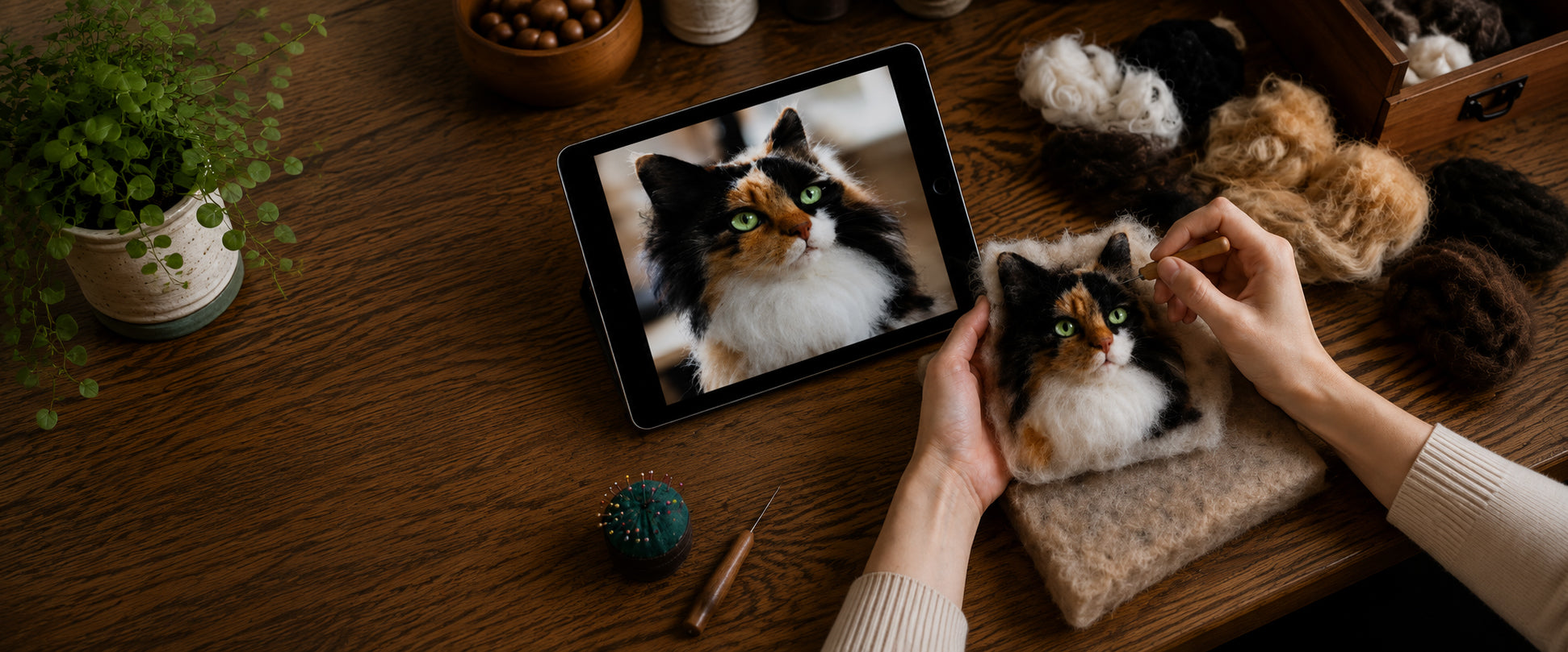 Artisan needle-felting a custom calico cat portrait by hand while using the pet’s reference photo displayed on a tablet.