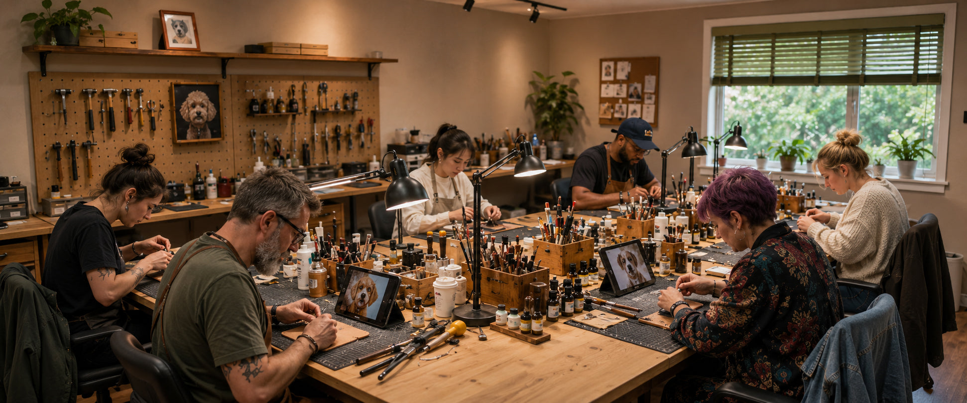 Team of artisans creating custom pet portraits by hand in a professional workshop while using pet reference photos displayed on tablets.
