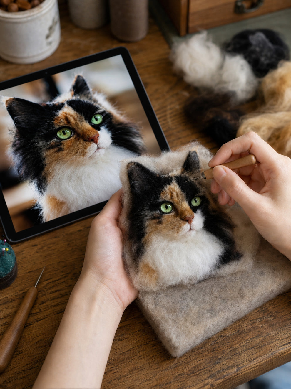 Artisan needle-felting a custom calico cat portrait by hand while referencing the pet’s photo displayed on a tablet.