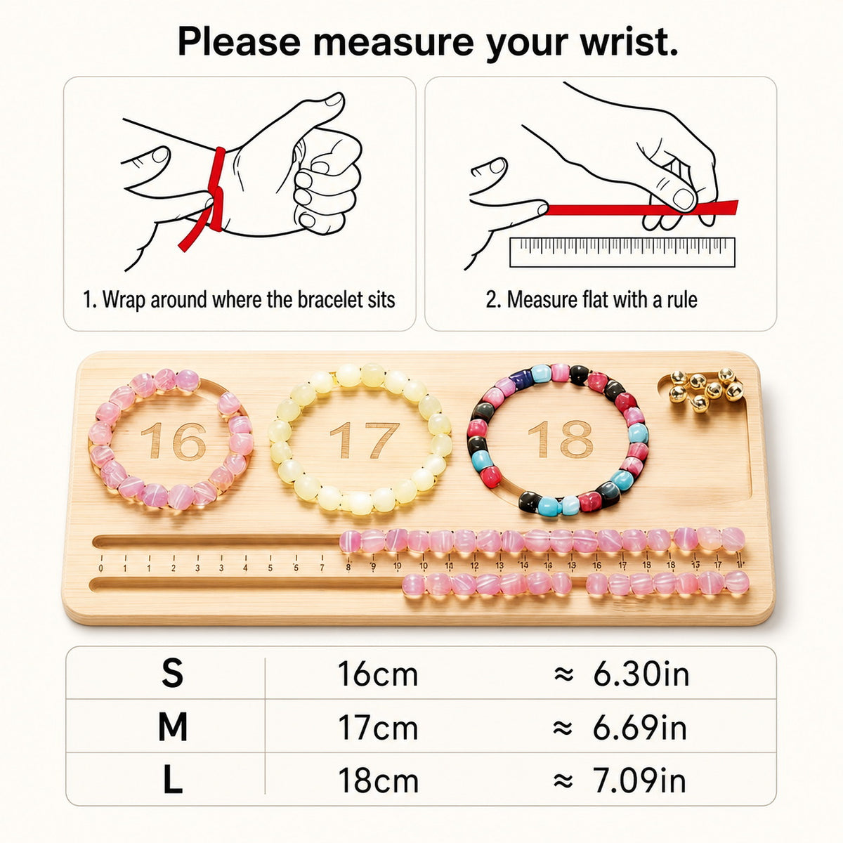 Personalized pet portrait bracelet wrist size chart with 16, 17 and 18 cm options.