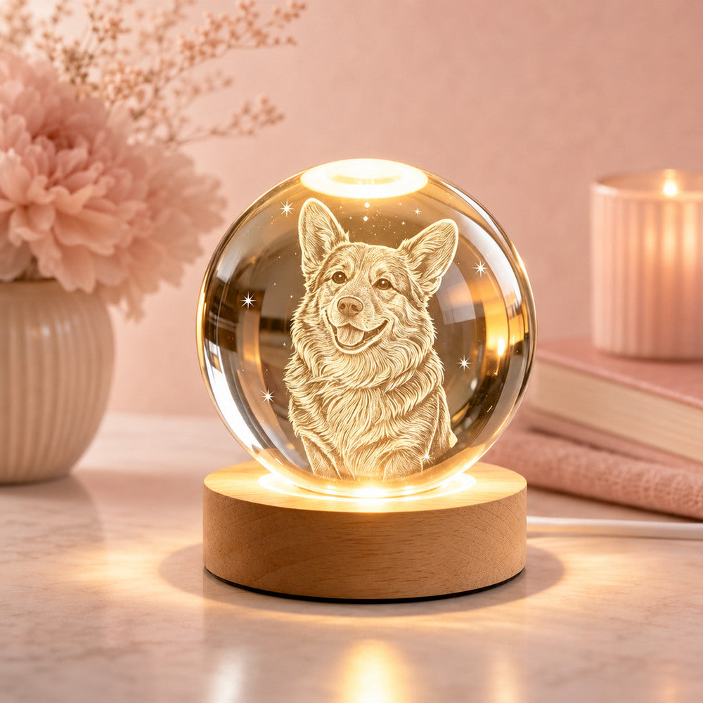 Custom 3D dog portrait crystal ball night light glowing on a round wooden base in a warm pink home setting.