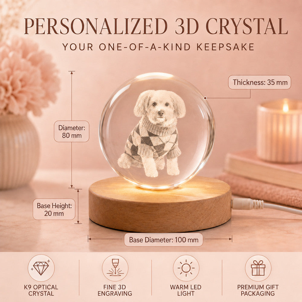 Size guide for a personalized 3D pet crystal night light with an 80 mm K9 crystal, warm LED light and 100 mm wooden base.