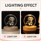 Light-off and light-on comparison of a personalized 3D dog portrait crystal ball night light with a wooden LED base.