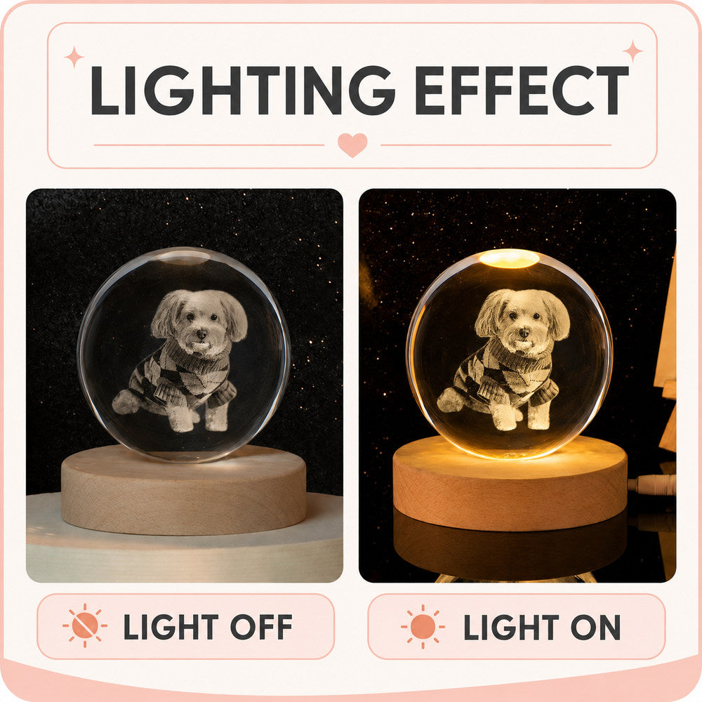 Light-off and light-on comparison of a personalized 3D dog portrait crystal ball night light with a wooden LED base.
