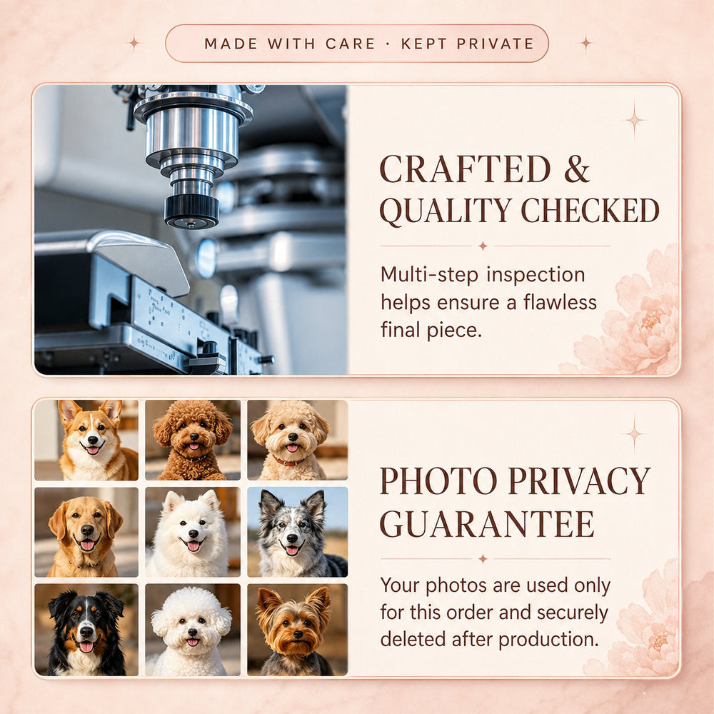Quality inspection and photo privacy guarantee for custom pet crystal keepsakes, with uploaded photos securely deleted after production.