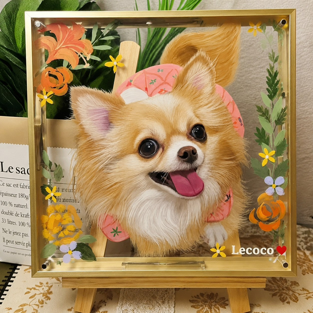Pomeranian dog custom 3D layered portrait frame decorated with handcrafted dried flowers, desktop handmade home art decor