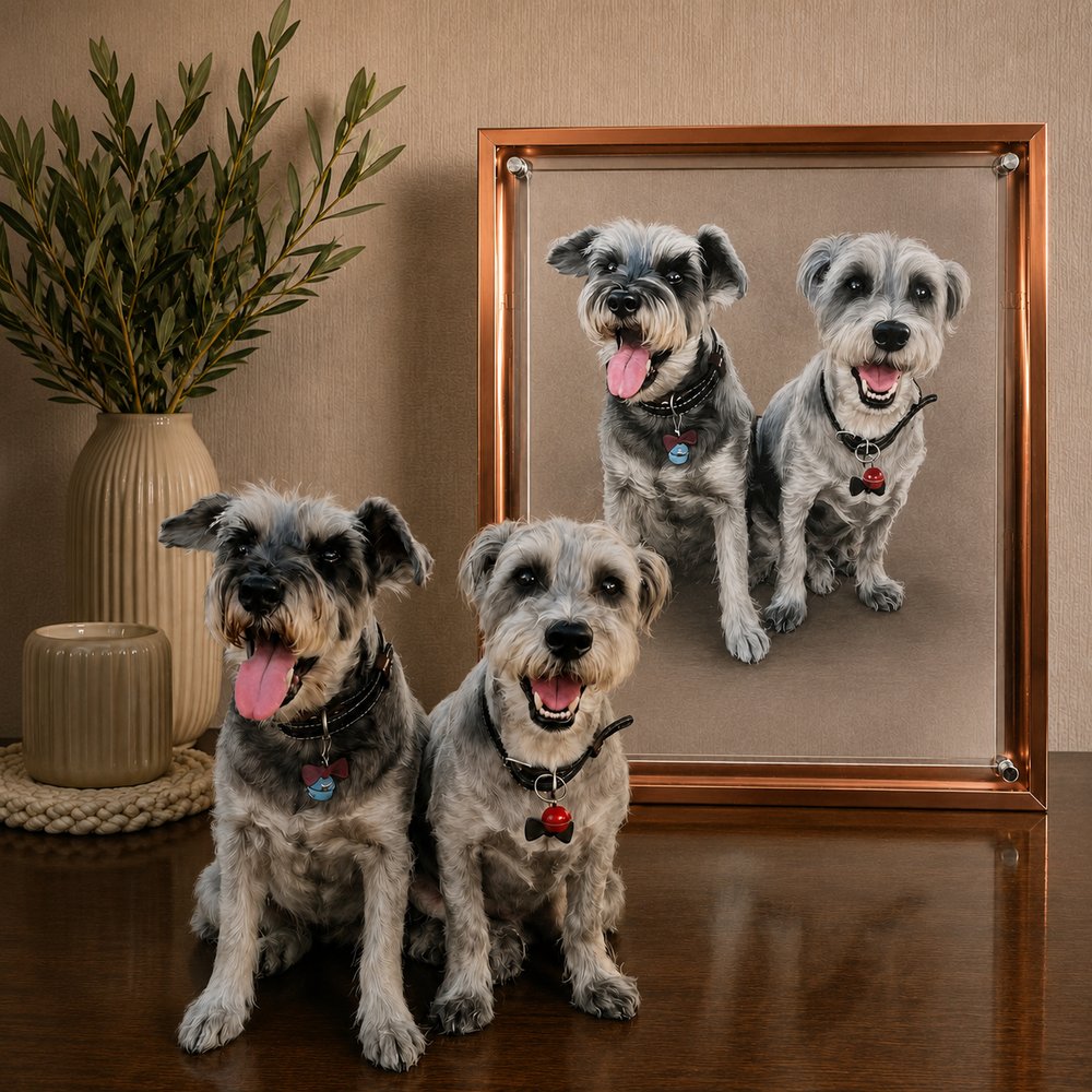 Custom glass pet portrait of two Miniature Schnauzers displayed beside the dogs in a warm home setting.