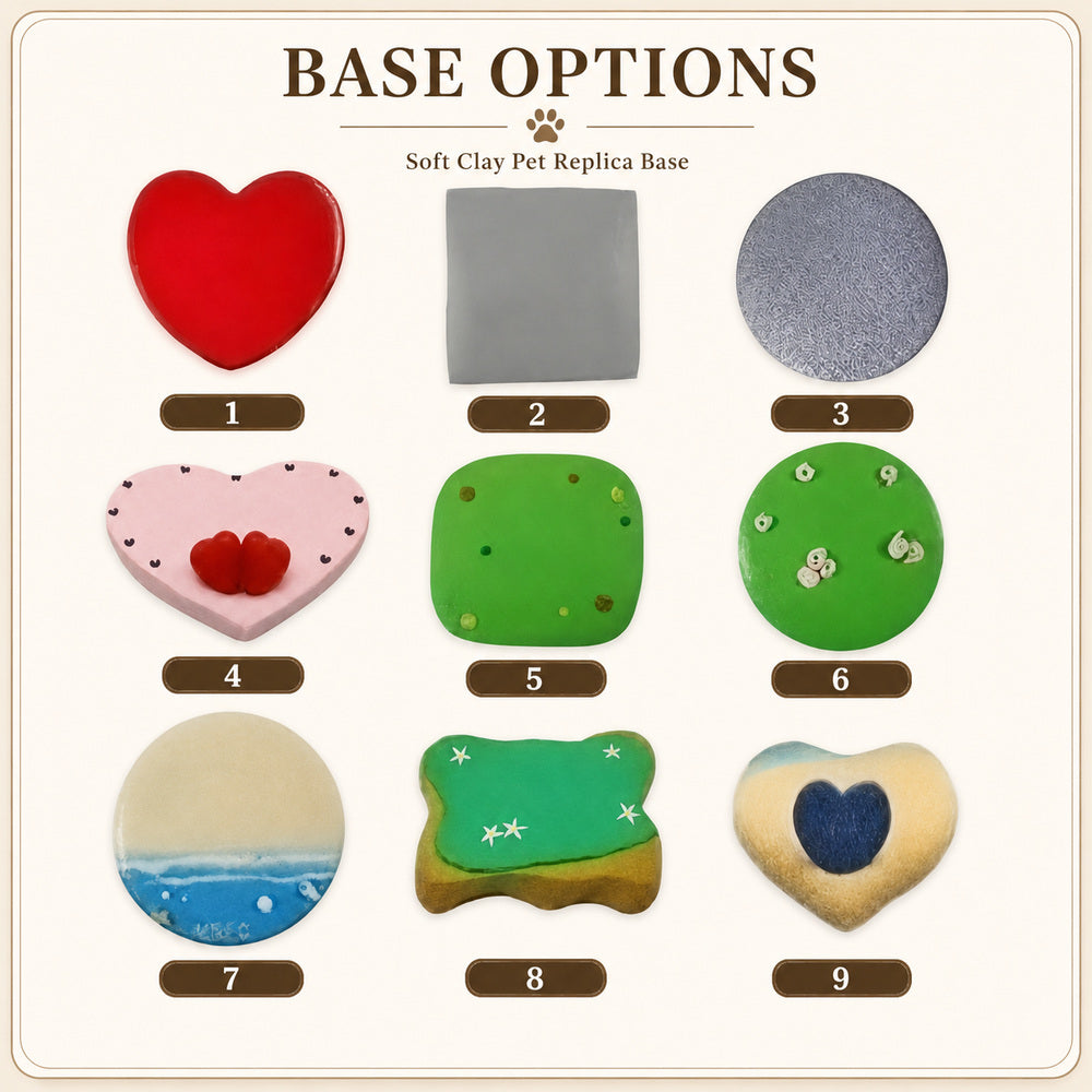 Nine numbered base options in heart, square, round and decorative designs for custom soft clay pet figurines.