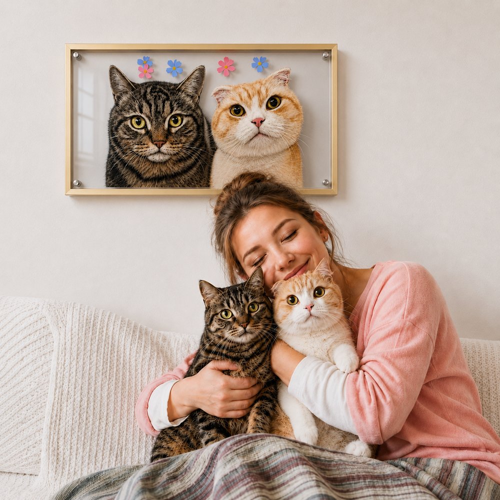 Woman holding a tabby cat and cream cat beneath their custom glass pet portrait in a cozy home.