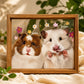 Custom glass pet portrait of a guinea pig and hamster named Boba and Oreo, decorated with colorful flowers in a wooden frame.