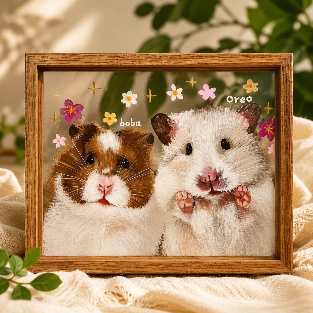 Custom glass pet portrait of a guinea pig and hamster named Boba and Oreo, decorated with colorful flowers in a wooden frame.