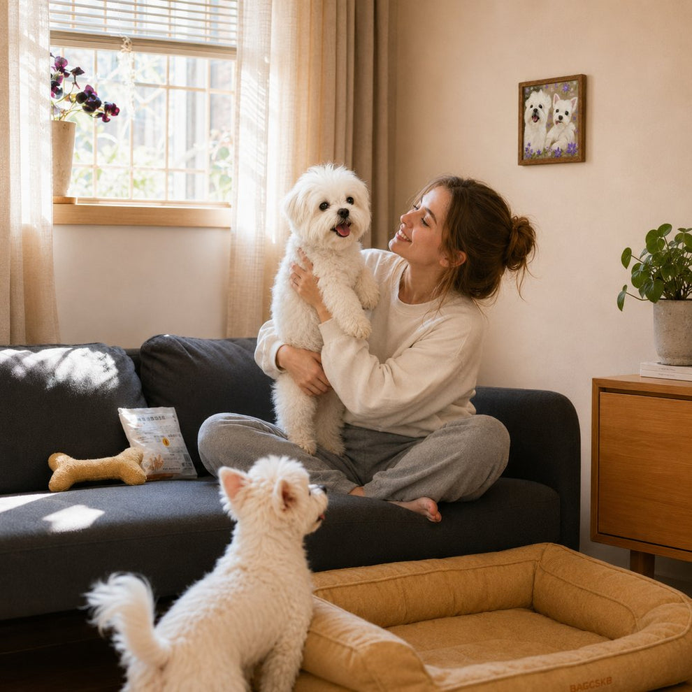 Woman holding a small white dog in a cozy living room with a personalized portrait of two white dogs displayed on the wall.