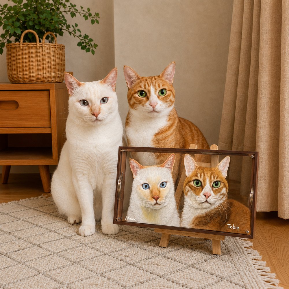 Custom glass pet portrait of two cats, a white cat and an orange tabby named Nemo and Tobie, displayed on a wooden easel in a cozy home.