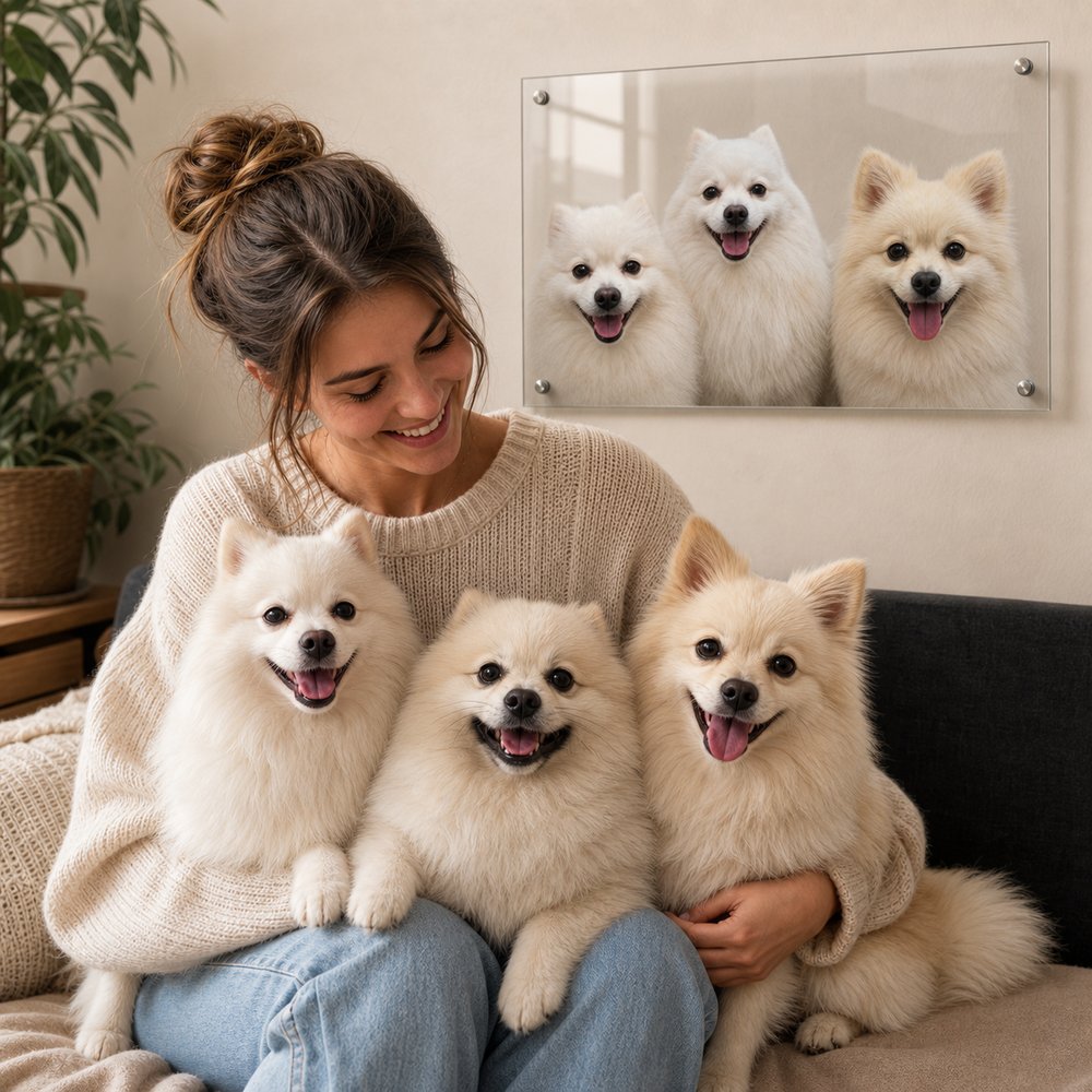 Woman holding three Pomeranian dogs beneath their custom glass pet portrait in a cozy living room.